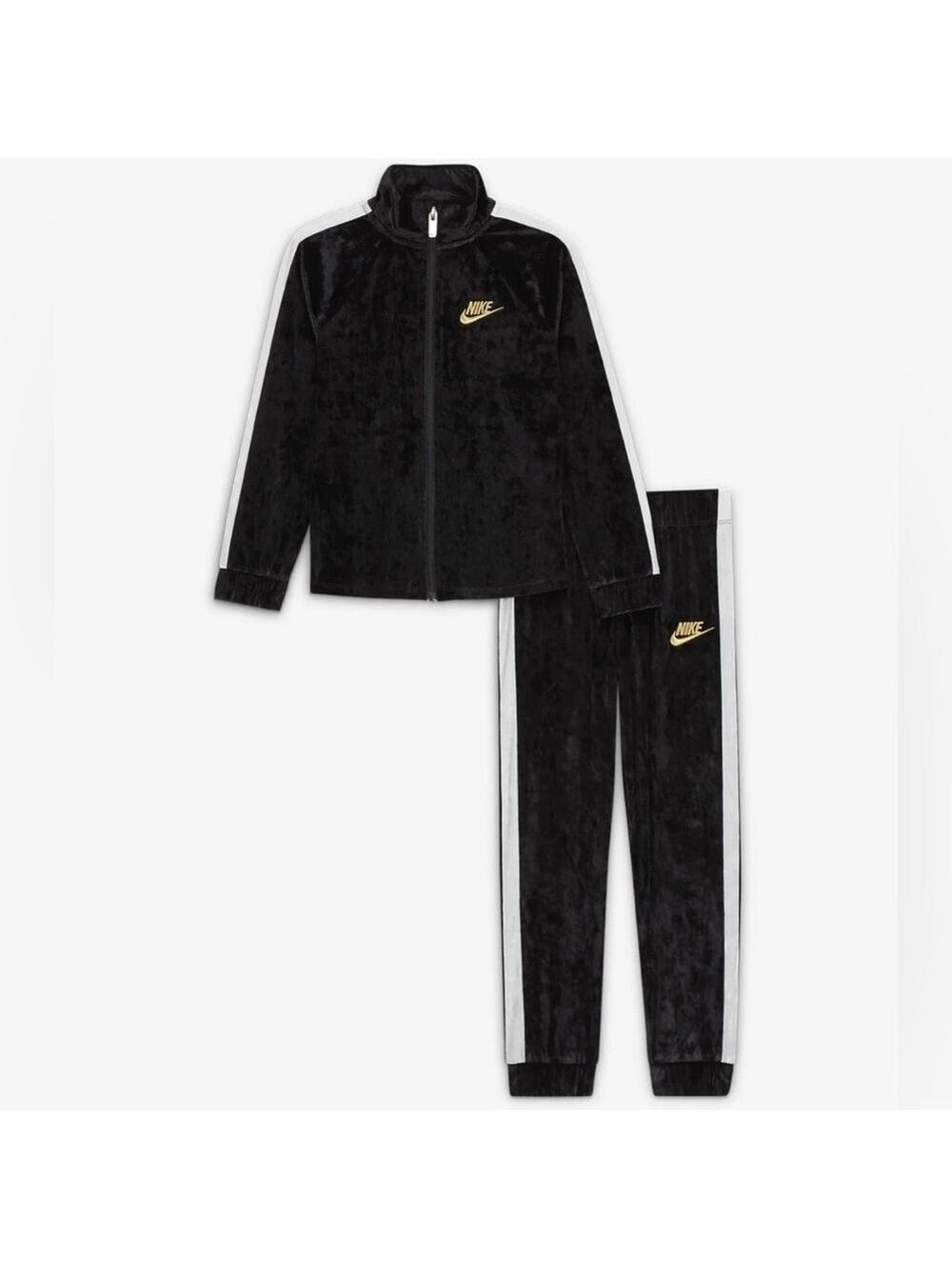 Nike Baby Crushed Velvet Zippered Jacket & Joggers Black & White Set Tracksuit